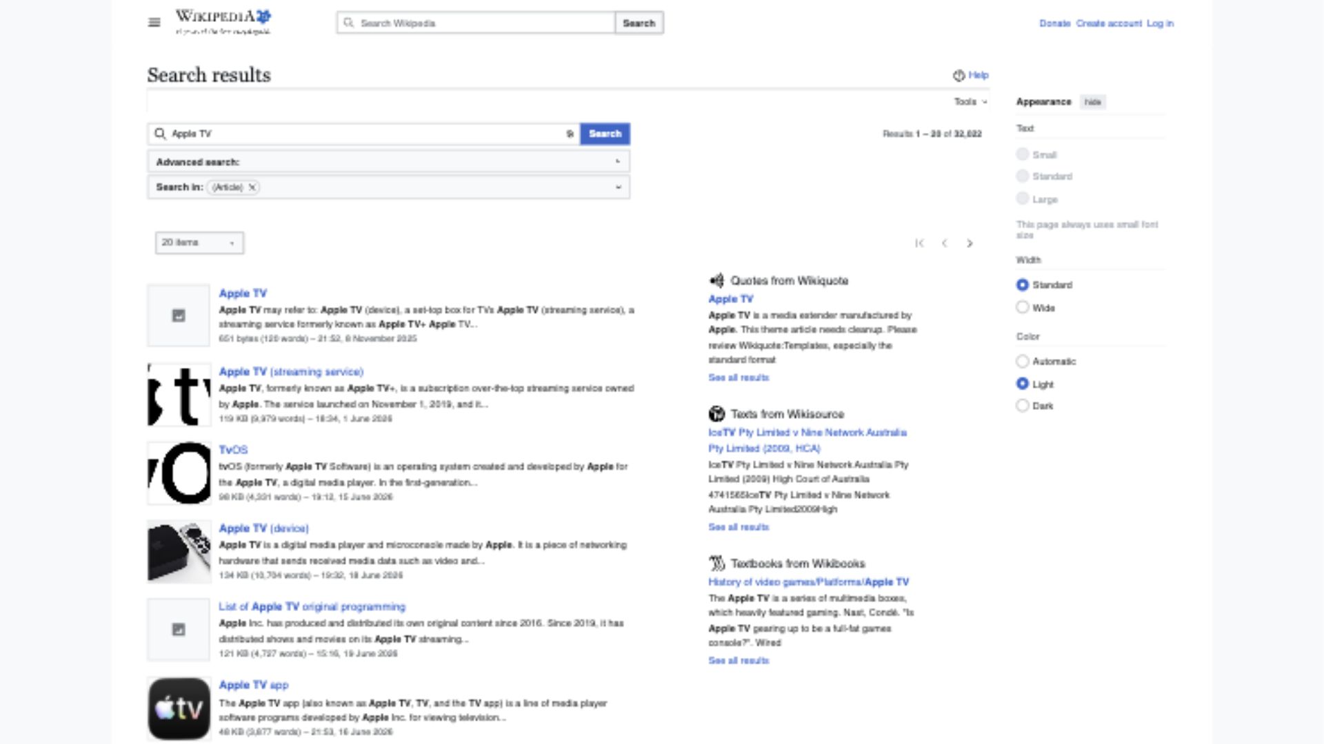 Actual webpage screenshot showing Wikipedia search results for Apple TV on the TV.
